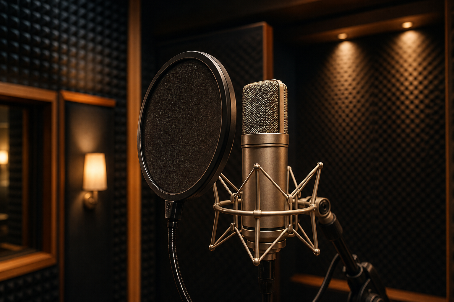 Cabina vocale con microfono a condensatore e pop filter